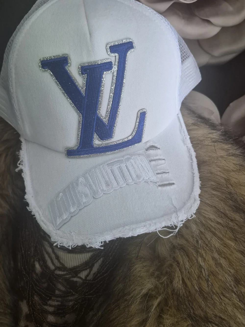 White Cap with Blue Designer Inspirwd Logo - Designer Style Trucker Hat